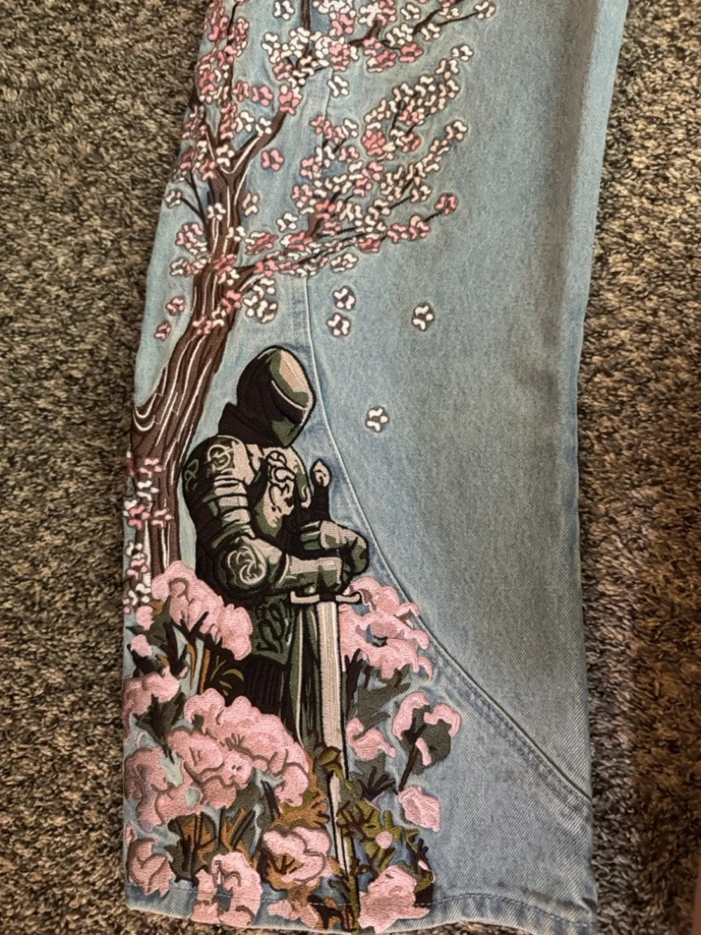 Light Blue Embroidered Men’s Jeans with Pink Floral Detail - Picture 7 of 8